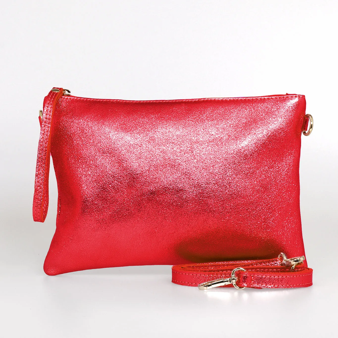Jenna - Italian Leather Clutch Bag - Scarlet, Metallic