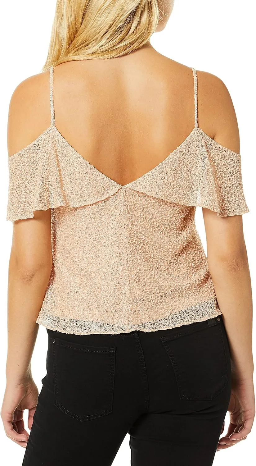 Jenny Yoo Women's Kate Open Shoulder Flutter Sleeve Beaded Top
