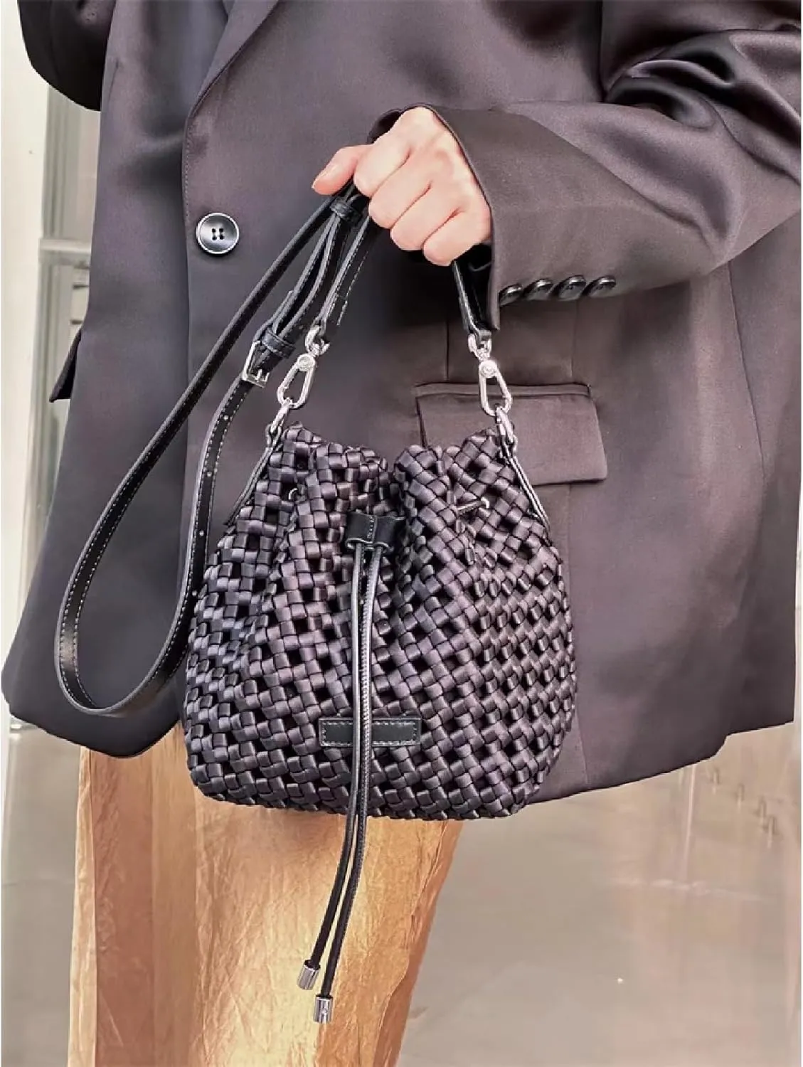 JINMANXUE Fashion Hollow Bucket Tote Bag For Women, Crossbody Female Handbag Woven Silk bag Leisure Leather Shoulder Bag
