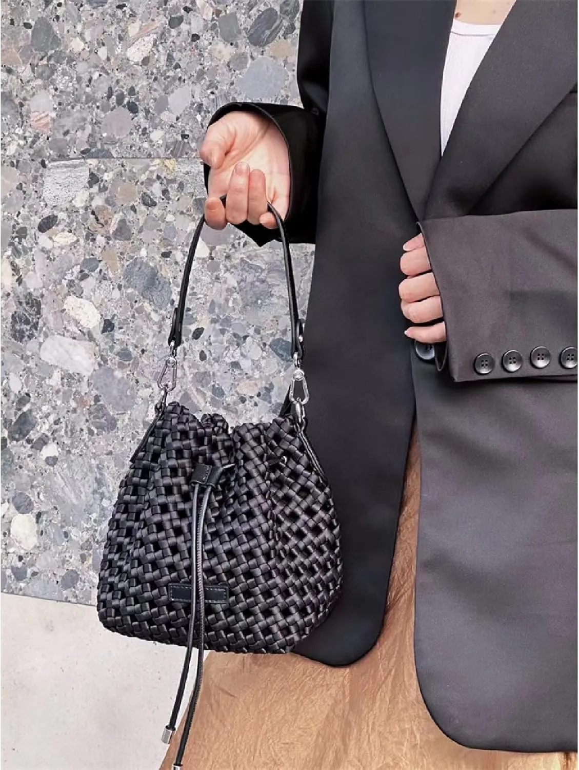 JINMANXUE Fashion Hollow Bucket Tote Bag For Women, Crossbody Female Handbag Woven Silk bag Leisure Leather Shoulder Bag