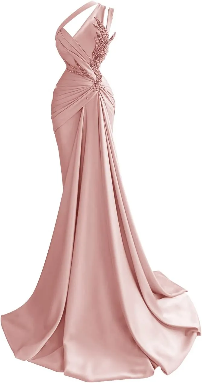 Jorshiman Women's Beige Mermaid One Shoulder Formal Dress, Floor Length, One Size