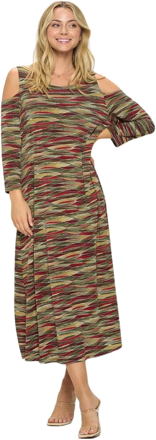 Jostar Women's Casual Long Dress – Open Cold Shoulder 3/4 Sleeve Flowy Print One Piece
