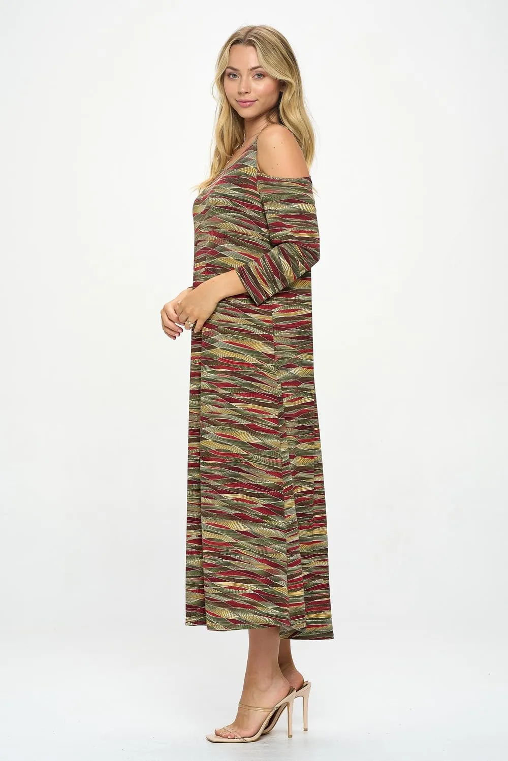 Jostar Women's Casual Long Dress – Open Cold Shoulder 3/4 Sleeve Flowy Print One Piece