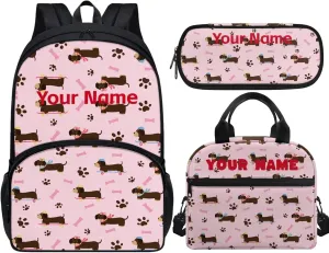 JoyLamoria Kids Custom Backpack 3pcs Dachshund Paw Bone Lunch Bag Pencil Case Lightweight Versatile Casual Adjustable Shoulder Strap School Bags Outdoor