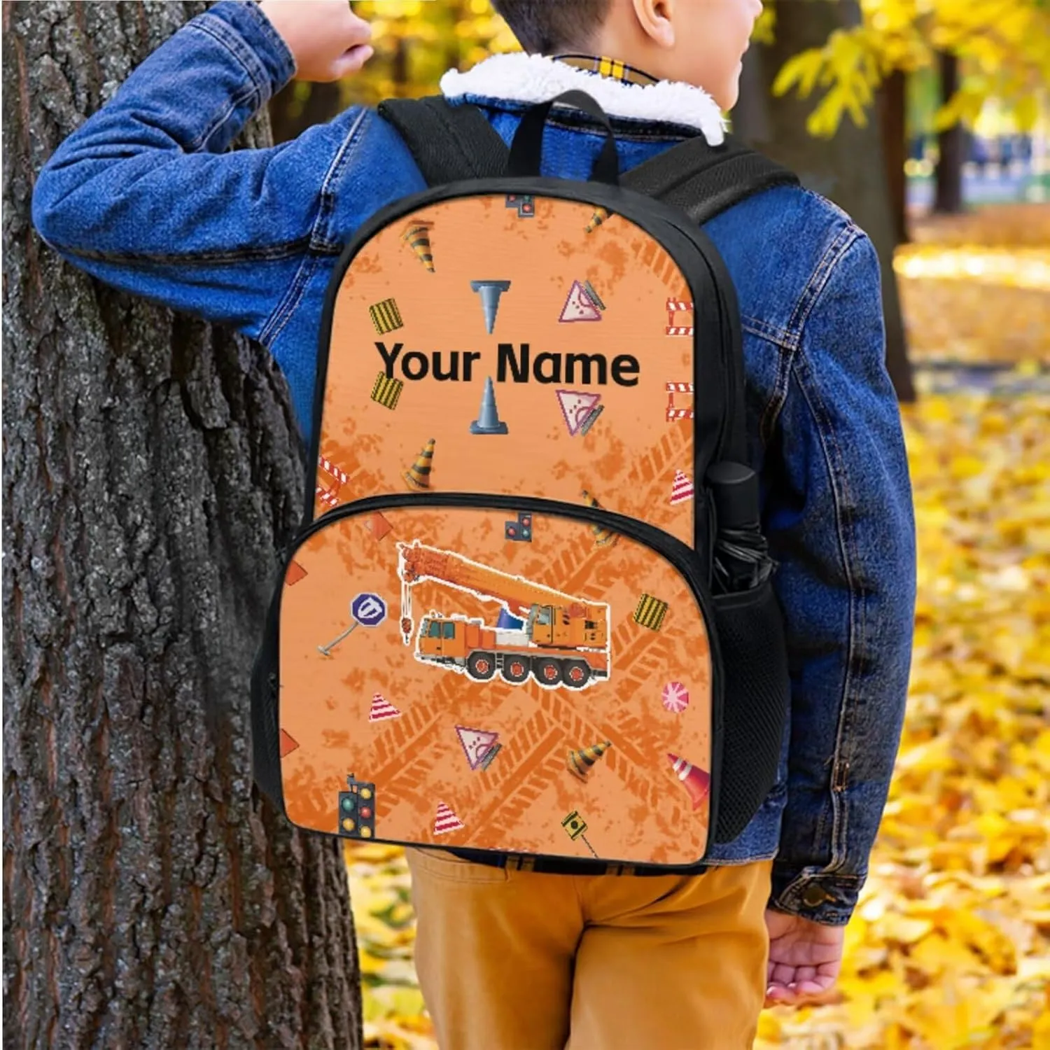 JoyLamoria Kids Custom Backpack 3pcs Orange Excavator Pattern Lunch Bag Pencil Case Boys Casual Fashion Adjustable Shoulder Strap School Bags Outdoor