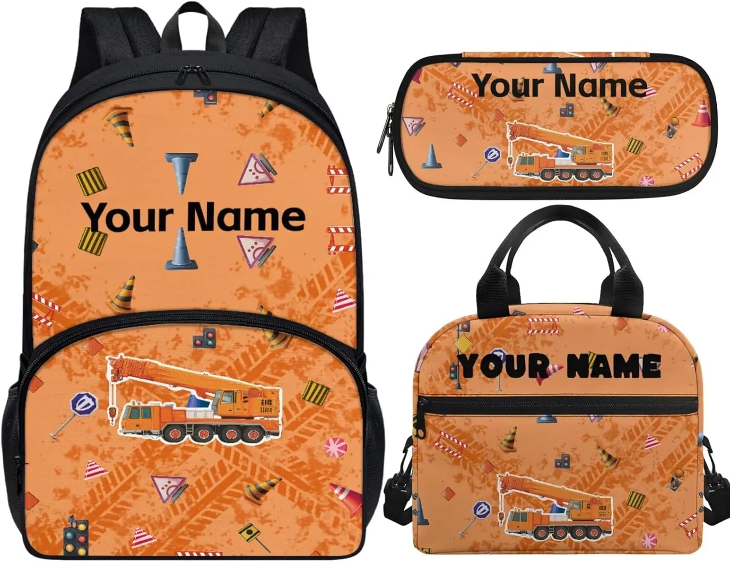 JoyLamoria Kids Custom Backpack 3pcs Orange Excavator Pattern Lunch Bag Pencil Case Boys Casual Fashion Adjustable Shoulder Strap School Bags Outdoor