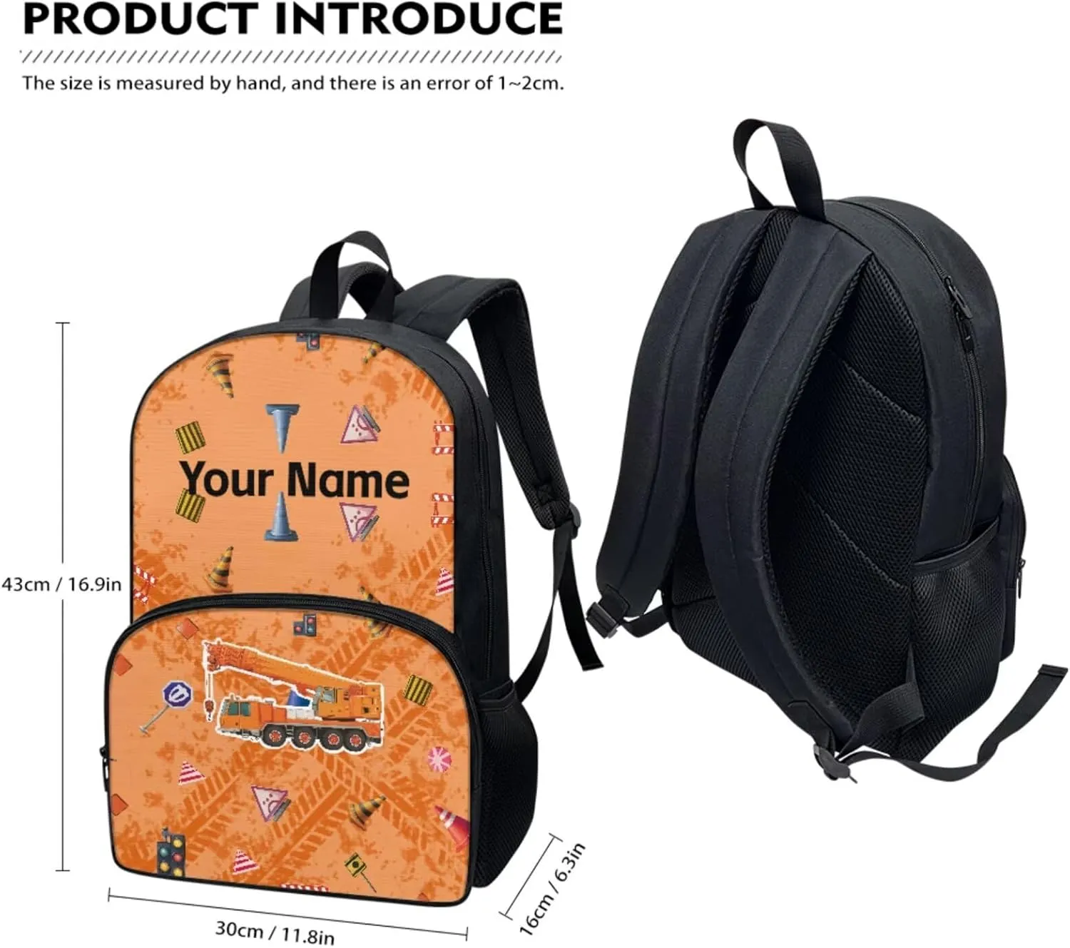 JoyLamoria Kids Custom Backpack 3pcs Orange Excavator Pattern Lunch Bag Pencil Case Boys Casual Fashion Adjustable Shoulder Strap School Bags Outdoor