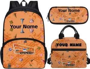 JoyLamoria Kids Custom Backpack 3pcs Orange Excavator Pattern Lunch Bag Pencil Case Boys Casual Fashion Adjustable Shoulder Strap School Bags Outdoor