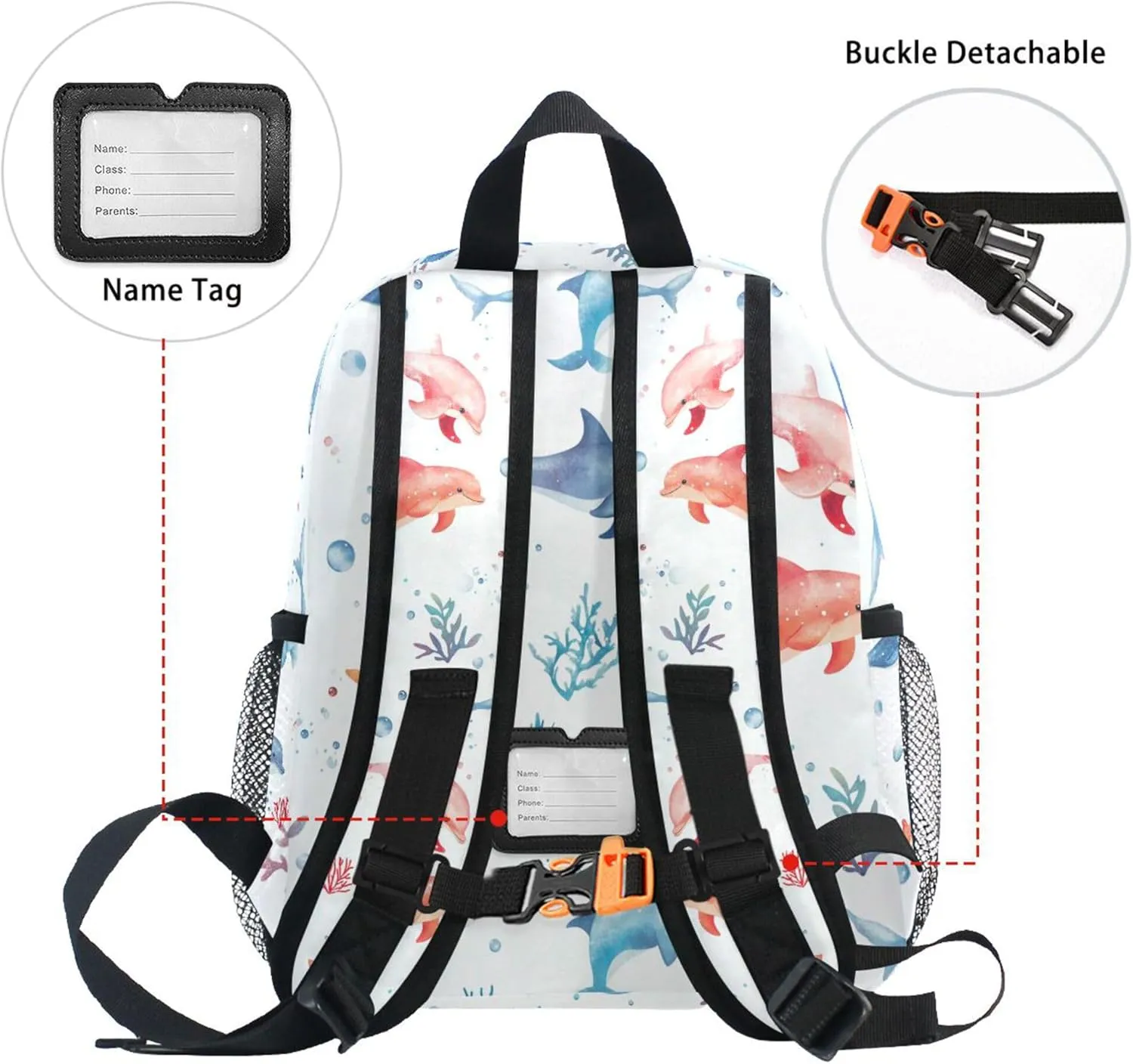 JUNZAN Sweet Dolphin White Mini Backpack for Boys Bottle Pockets Toddlers Sports Backpack Boys Books Bag for Amusement Park