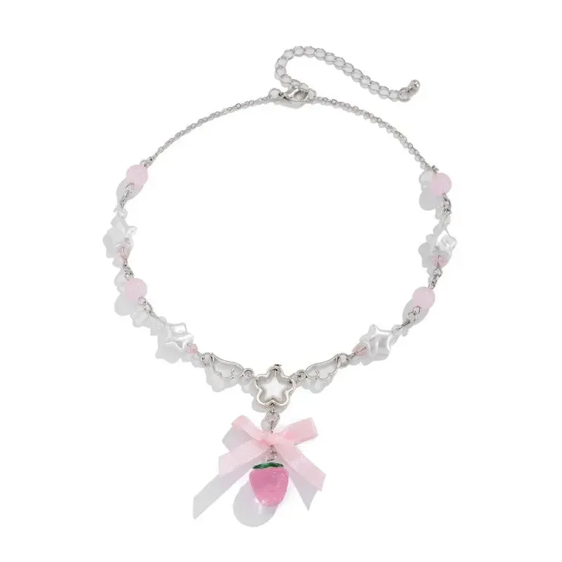 Kawaii Pink Strawberry Bowknot Choker 🍓✨ - Vintage Pentagram Pendant Necklace for Trendy Rave Girls