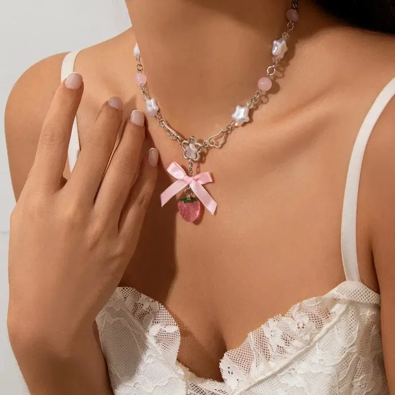 Kawaii Pink Strawberry Bowknot Choker 🍓✨ - Vintage Pentagram Pendant Necklace for Trendy Rave Girls
