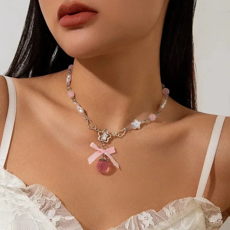 Kawaii Pink Strawberry Bowknot Choker 🍓✨ - Vintage Pentagram Pendant Necklace for Trendy Rave Girls