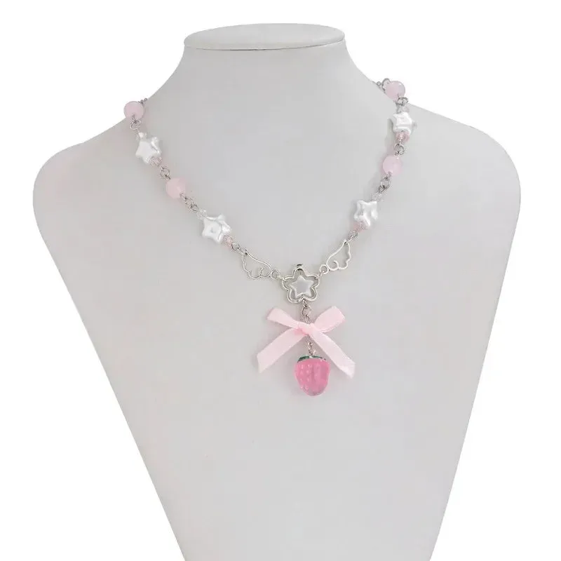 Kawaii Pink Strawberry Bowknot Choker 🍓✨ - Vintage Pentagram Pendant Necklace for Trendy Rave Girls