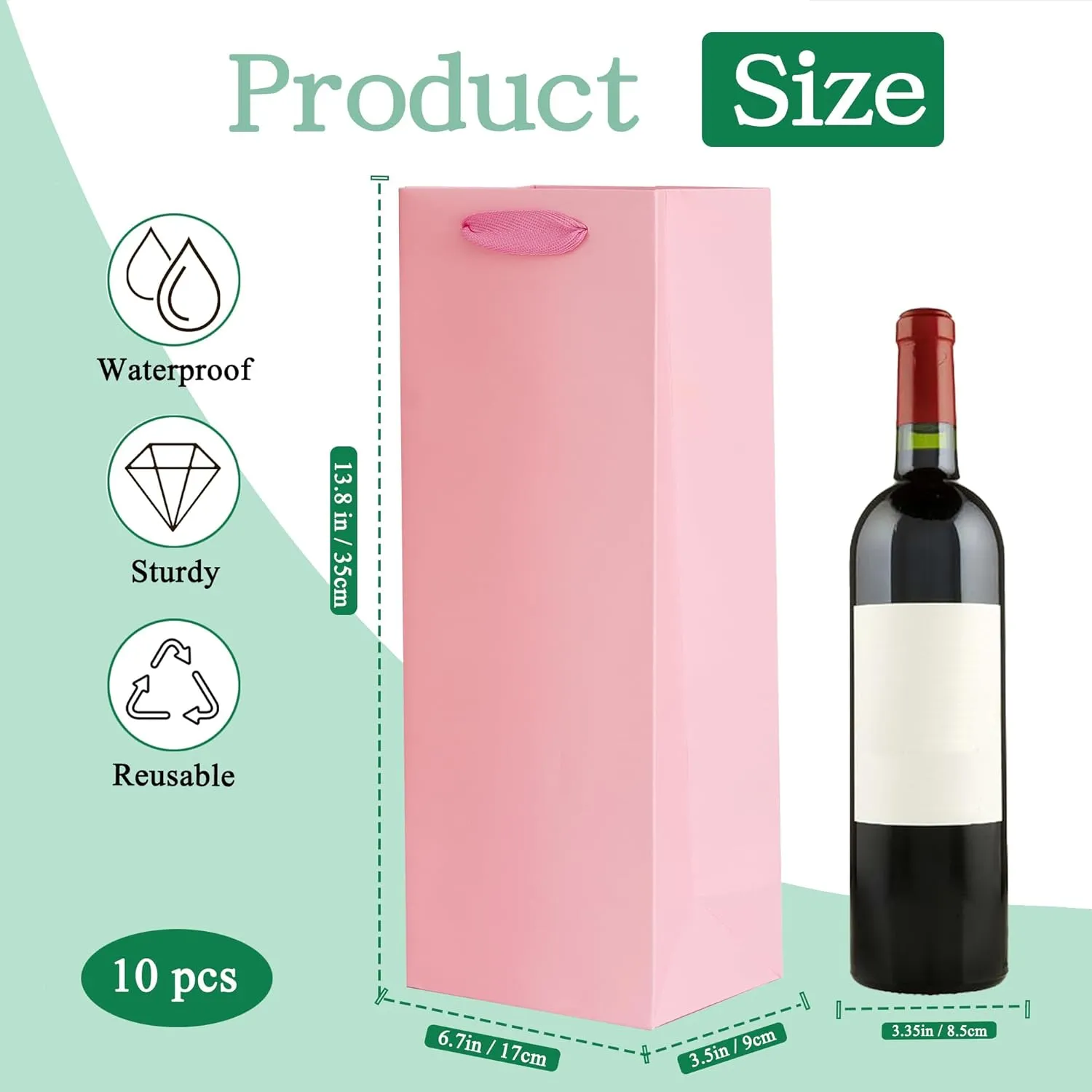 KEYYOOMY Large Pink Wine Gift Bags for Double Bottles Gifts 10 Pack Wine Bottle Gift Bags Bulk with Handles (6.7x3.5x13.8 IN, Pink, 10 CT)
