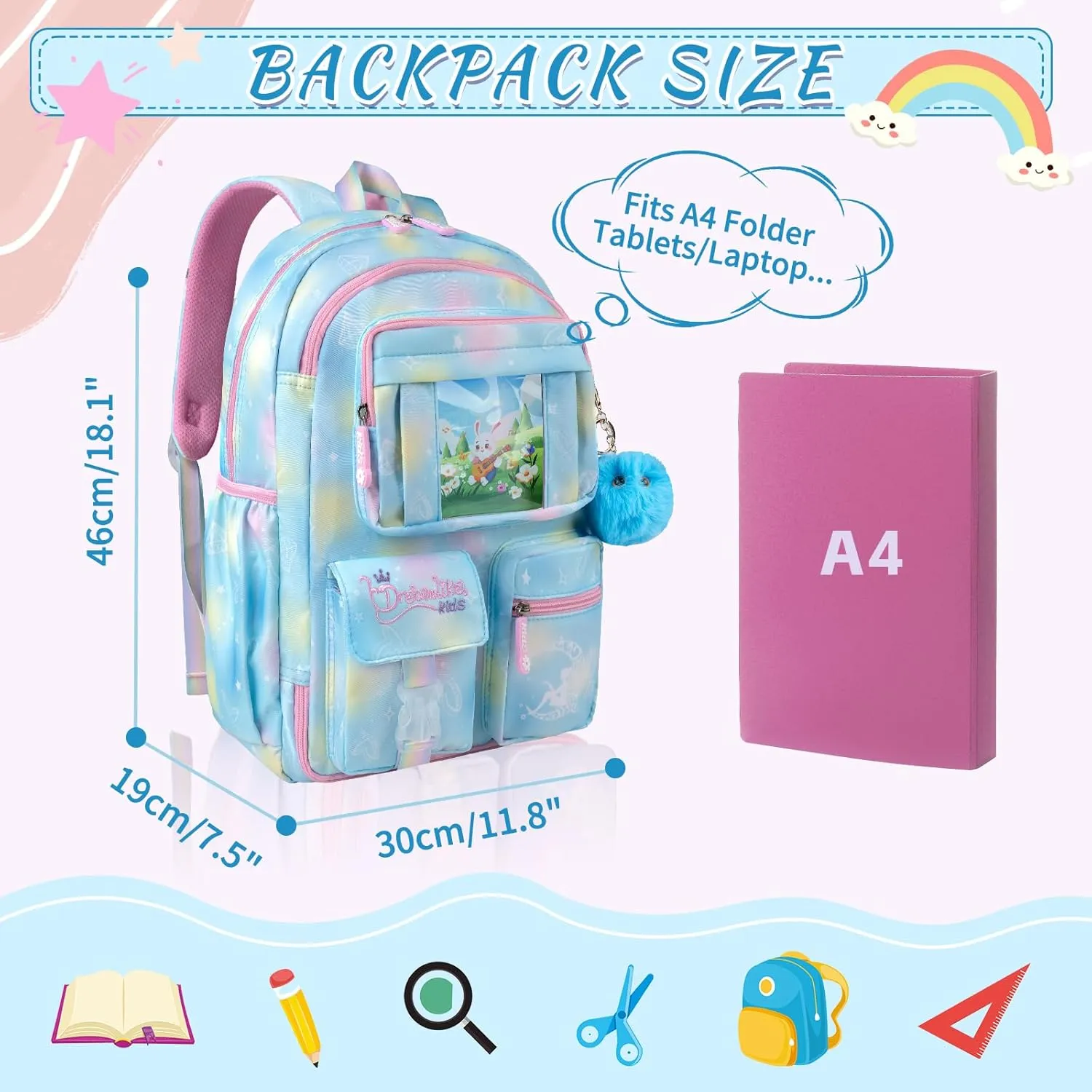 Kids Backpacks For Girls - Multiple Pockets Backpack - Kawaii Bookbag For Primary Elementary High School
