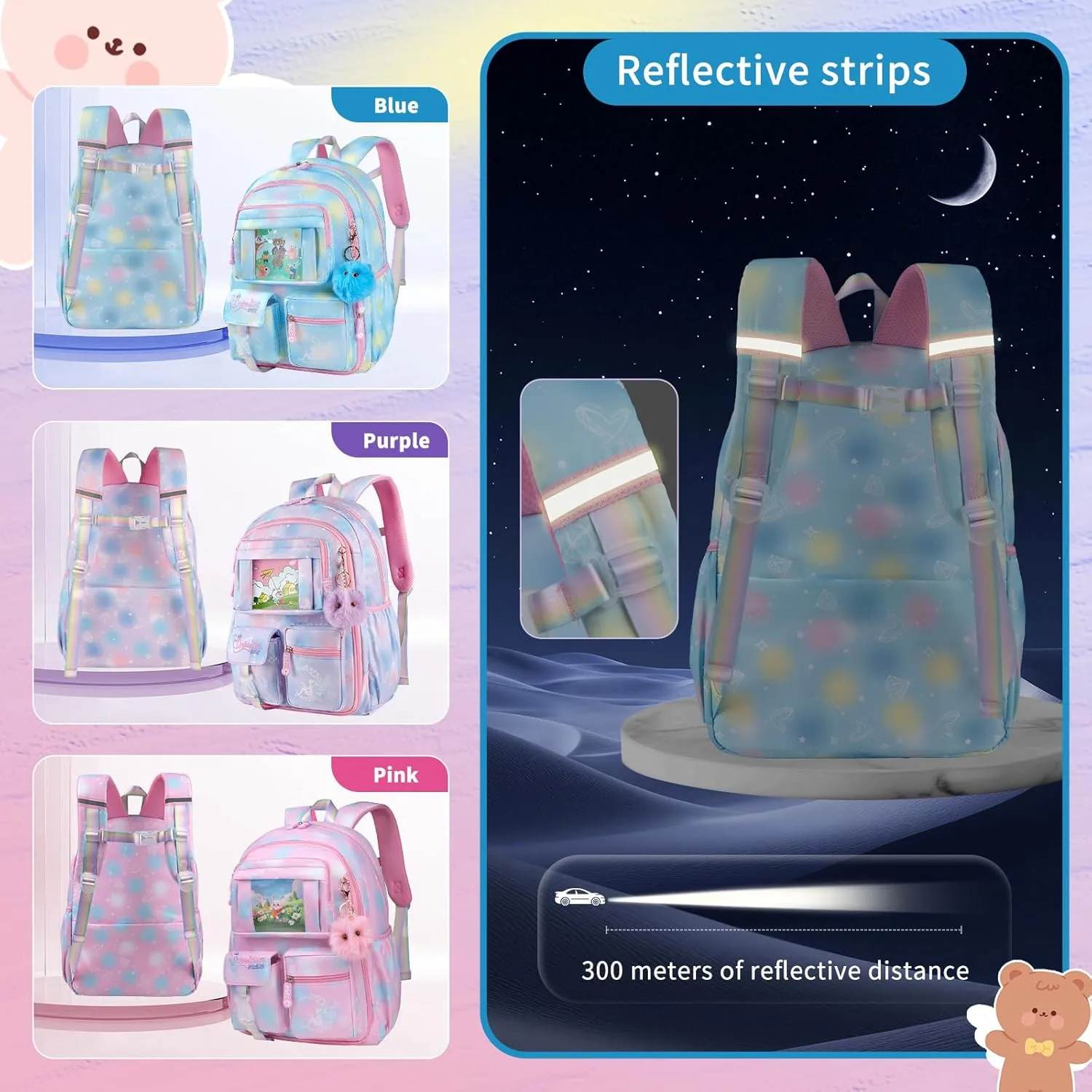 Kids Backpacks For Girls - Multiple Pockets Backpack - Kawaii Bookbag For Primary Elementary High School