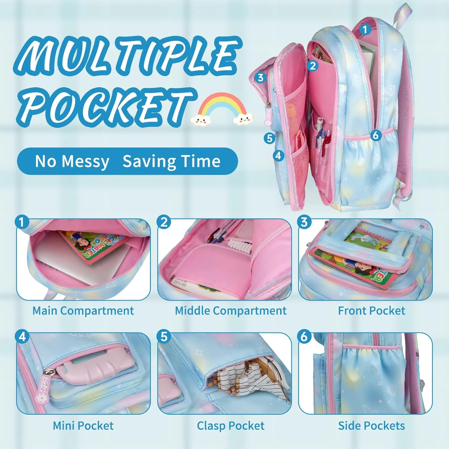 Kids Backpacks For Girls - Multiple Pockets Backpack - Kawaii Bookbag For Primary Elementary High School