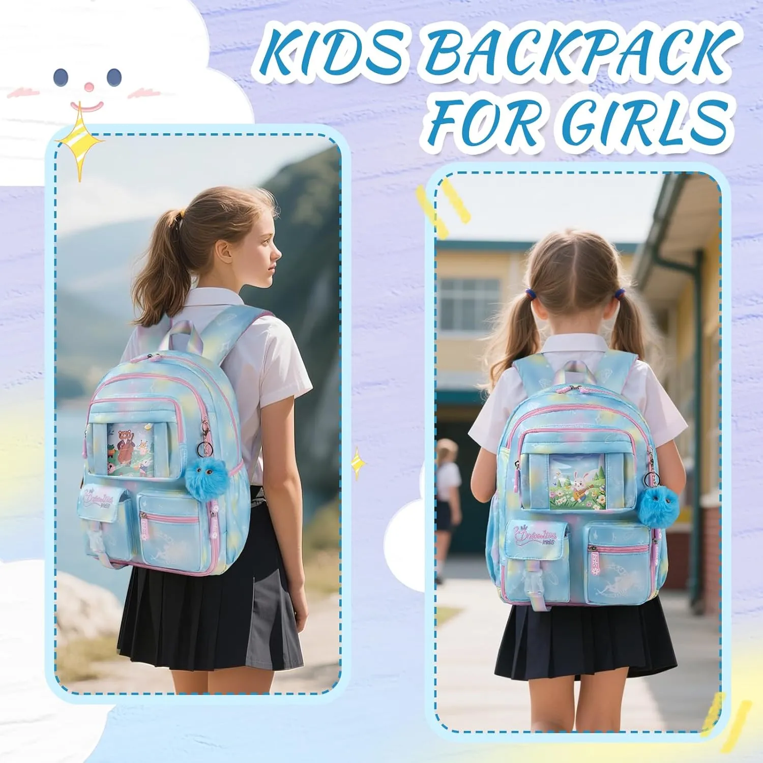 Kids Backpacks For Girls - Multiple Pockets Backpack - Kawaii Bookbag For Primary Elementary High School
