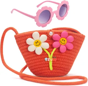 Kids Purse for Girls Age 2-14, Orange Toddler Purse with Beaded and Flowers, Kids Crossbody Bag Gifts for Christmas, Birthday