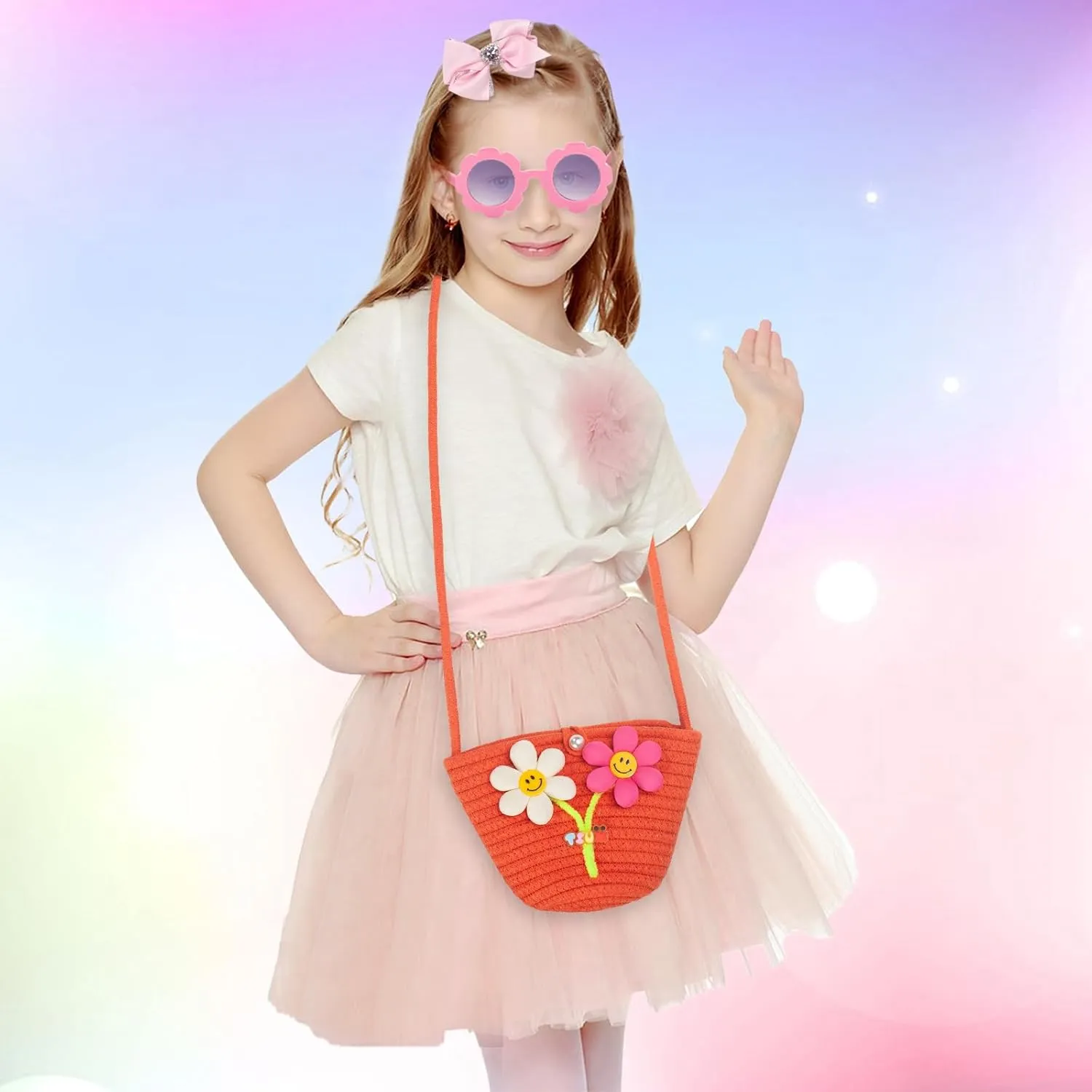 Kids Purse for Girls Age 2-14, Orange Toddler Purse with Beaded and Flowers, Kids Crossbody Bag Gifts for Christmas, Birthday