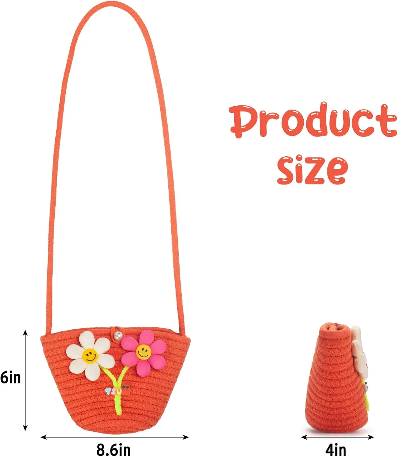 Kids Purse for Girls Age 2-14, Orange Toddler Purse with Beaded and Flowers, Kids Crossbody Bag Gifts for Christmas, Birthday