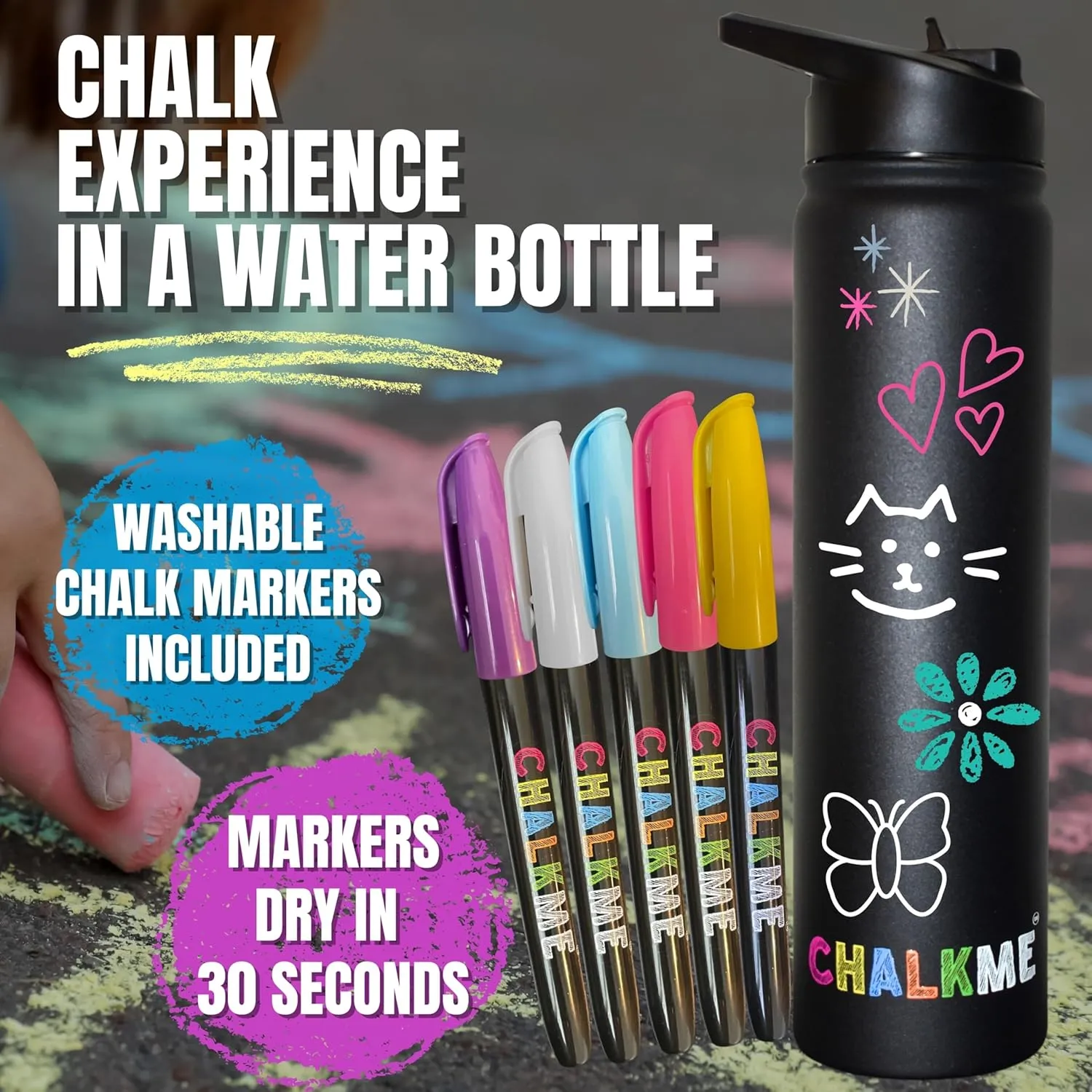 Kids Water Bottle, Insulated Stainless Steel, BPA-Free, with Chalk Markers, for School & Travel, 25 oz