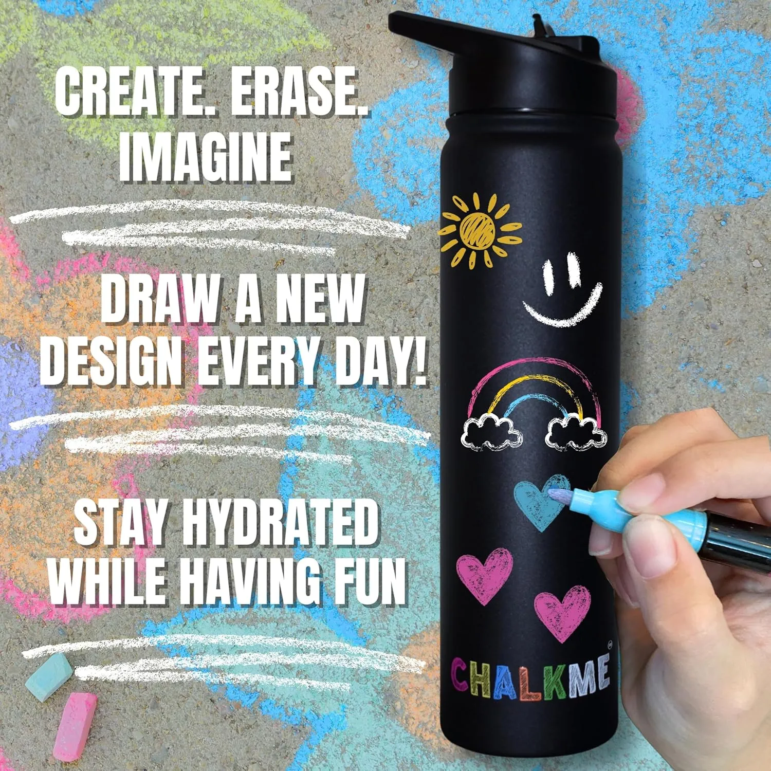Kids Water Bottle, Insulated Stainless Steel, BPA-Free, with Chalk Markers, for School & Travel, 25 oz