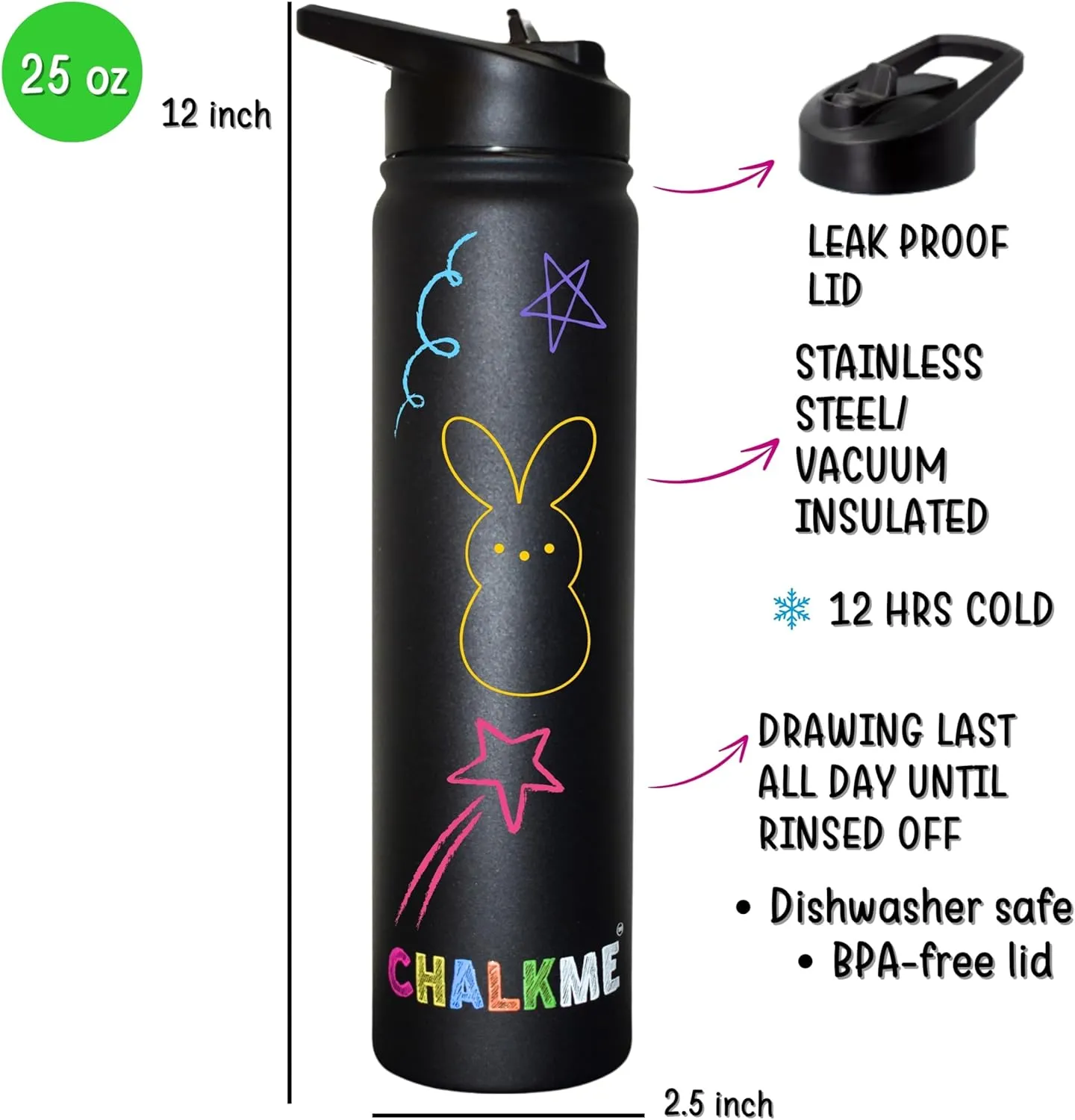 Kids Water Bottle, Insulated Stainless Steel, BPA-Free, with Chalk Markers, for School & Travel, 25 oz