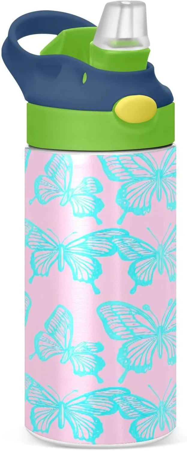 Kigai Azure Flutter Kids Water Bottle, Stainless Steel Vacuum Insulated Water Bottle with Straw Lid, Leak-Proof Sport Bottle for School or Travel, 12 oz