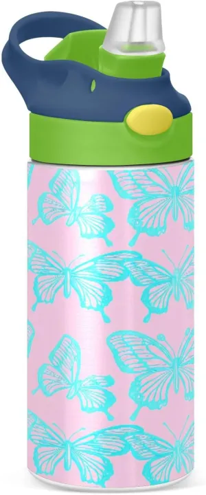 Kigai Azure Flutter Kids Water Bottle, Stainless Steel Vacuum Insulated Water Bottle with Straw Lid, Leak-Proof Sport Bottle for School or Travel, 12 oz