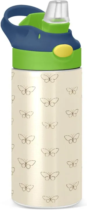 Kigai Chocolate Flutter Kids Water Bottle, Stainless Steel Vacuum Insulated Water Bottle with Straw Lid, Leak-Proof Sport Bottle for School or Travel, 12 oz