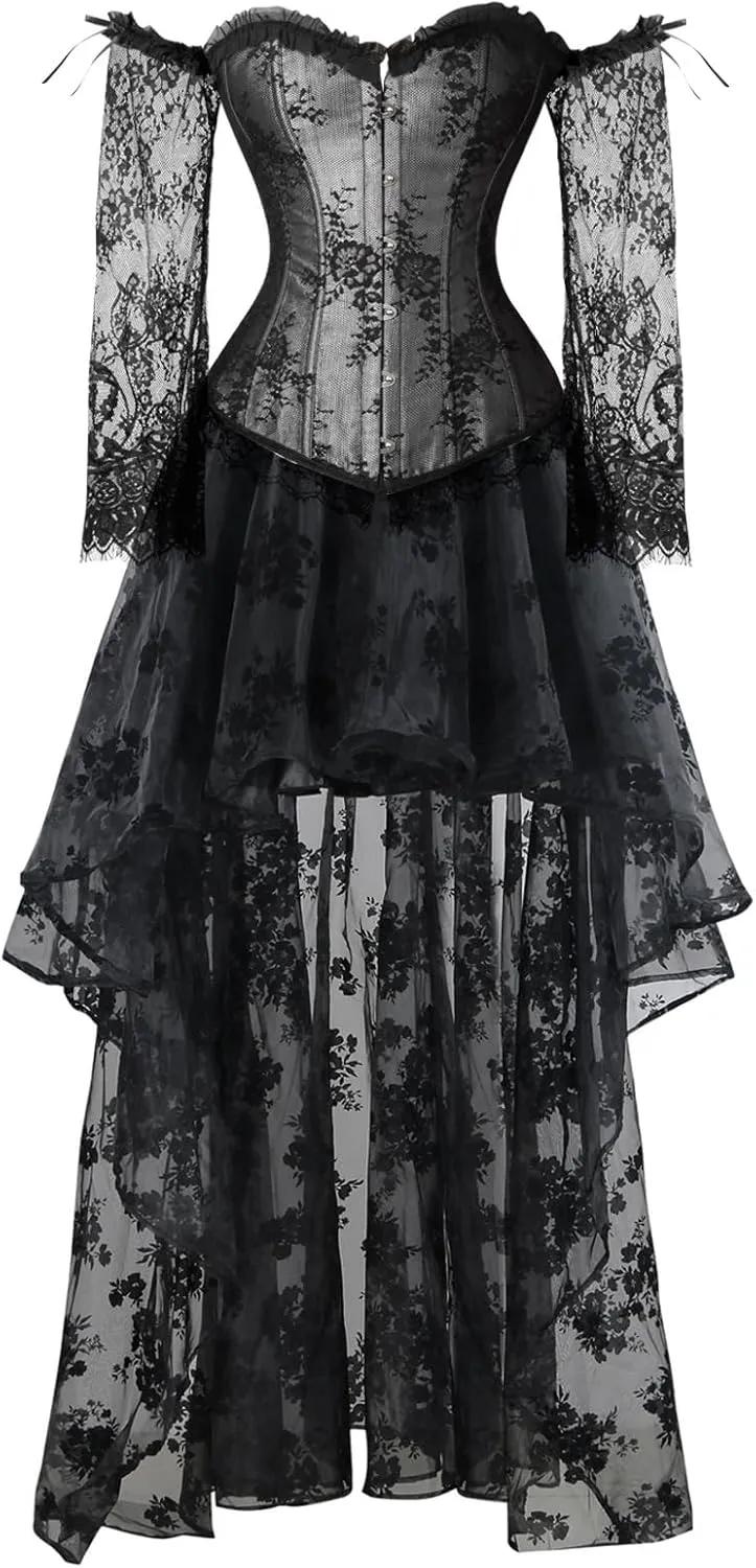 Kimring Women's Steampunk Victorian Off Shoulder Corset Top With High Low Skirt