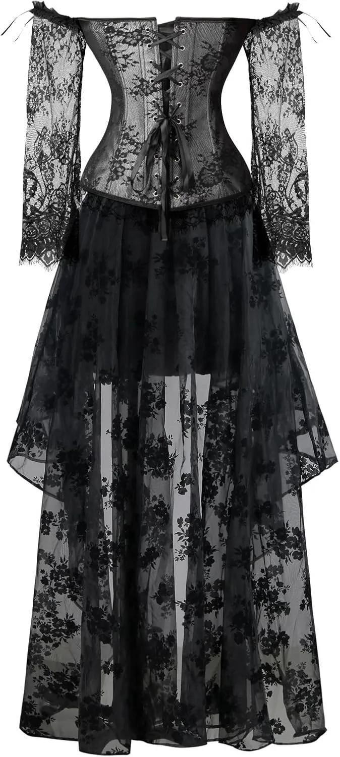 Kimring Women's Steampunk Victorian Off Shoulder Corset Top With High Low Skirt