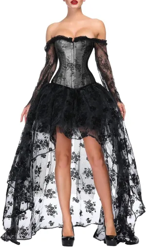Kimring Women's Steampunk Victorian Off Shoulder Corset Top With High Low Skirt