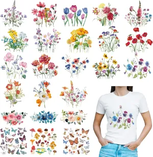 Kisston 24 Pcs Wild Flower Iron on Patches for Clothing Colorful Spring Summer Flowers Heat Transfer Stickers Decals Washable Iron on Transfers for T Shirts Appliques for Clothes DIY Pillows