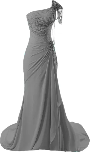 Kivary® Women's Beaded One Shoulder Crystals Chiffon Long Corset Prom Evening Dresses