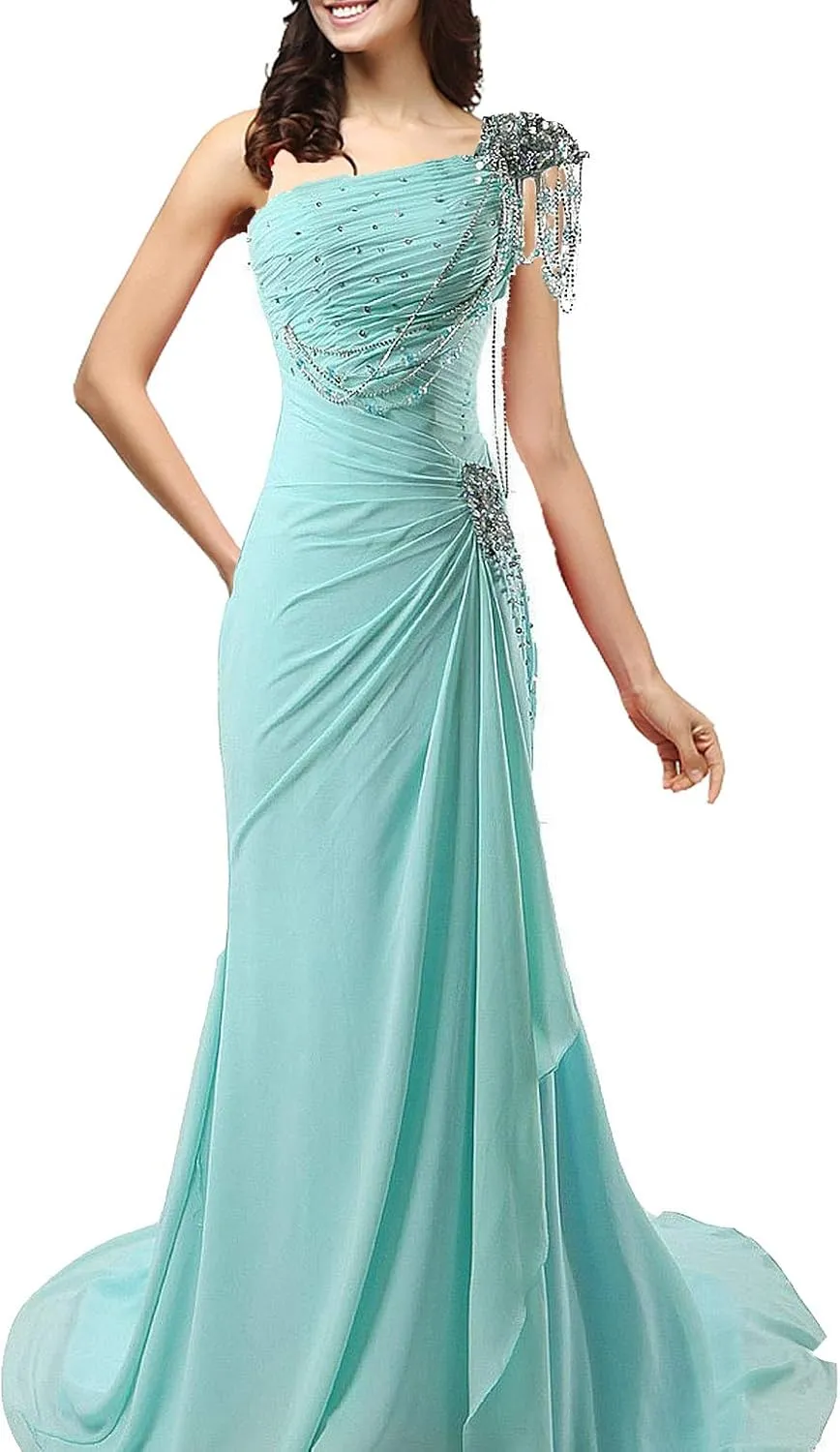 Kivary® Women's Beaded One Shoulder Crystals Chiffon Long Corset Prom Evening Dresses