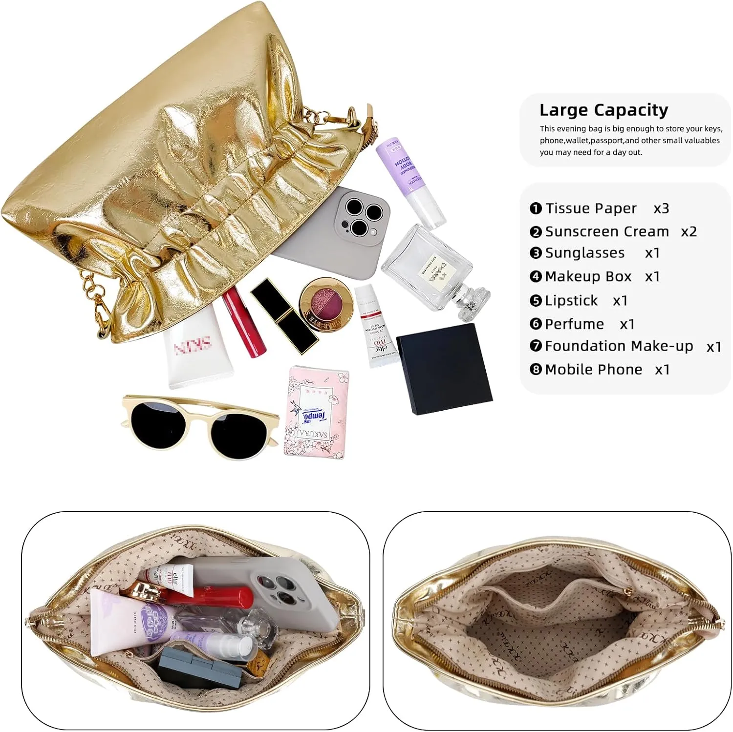 KKXIU Evening Clutch Purses for Women Shiny Metallic Solid Color Crossbody Bag with Chain Strap Elegant Party Wedding Handbag