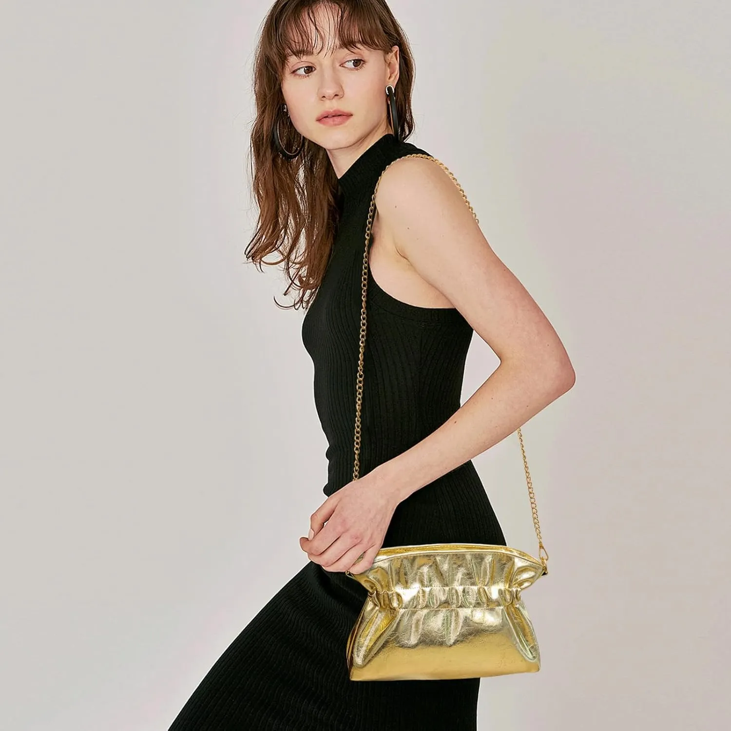KKXIU Evening Clutch Purses for Women Shiny Metallic Solid Color Crossbody Bag with Chain Strap Elegant Party Wedding Handbag