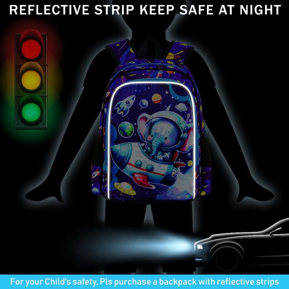 KLFVB 3PCS Boys Elephant Backpack, Water Resistant Kids Space Bookbag with Lunch Box, 16" Preschool Backpacks for Elementary - Rocket Elephant