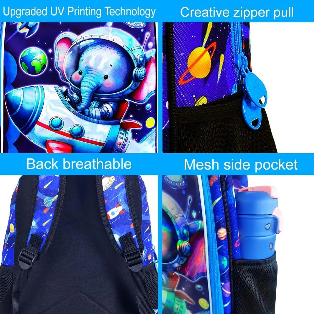 KLFVB 3PCS Boys Elephant Backpack, Water Resistant Kids Space Bookbag with Lunch Box, 16" Preschool Backpacks for Elementary - Rocket Elephant