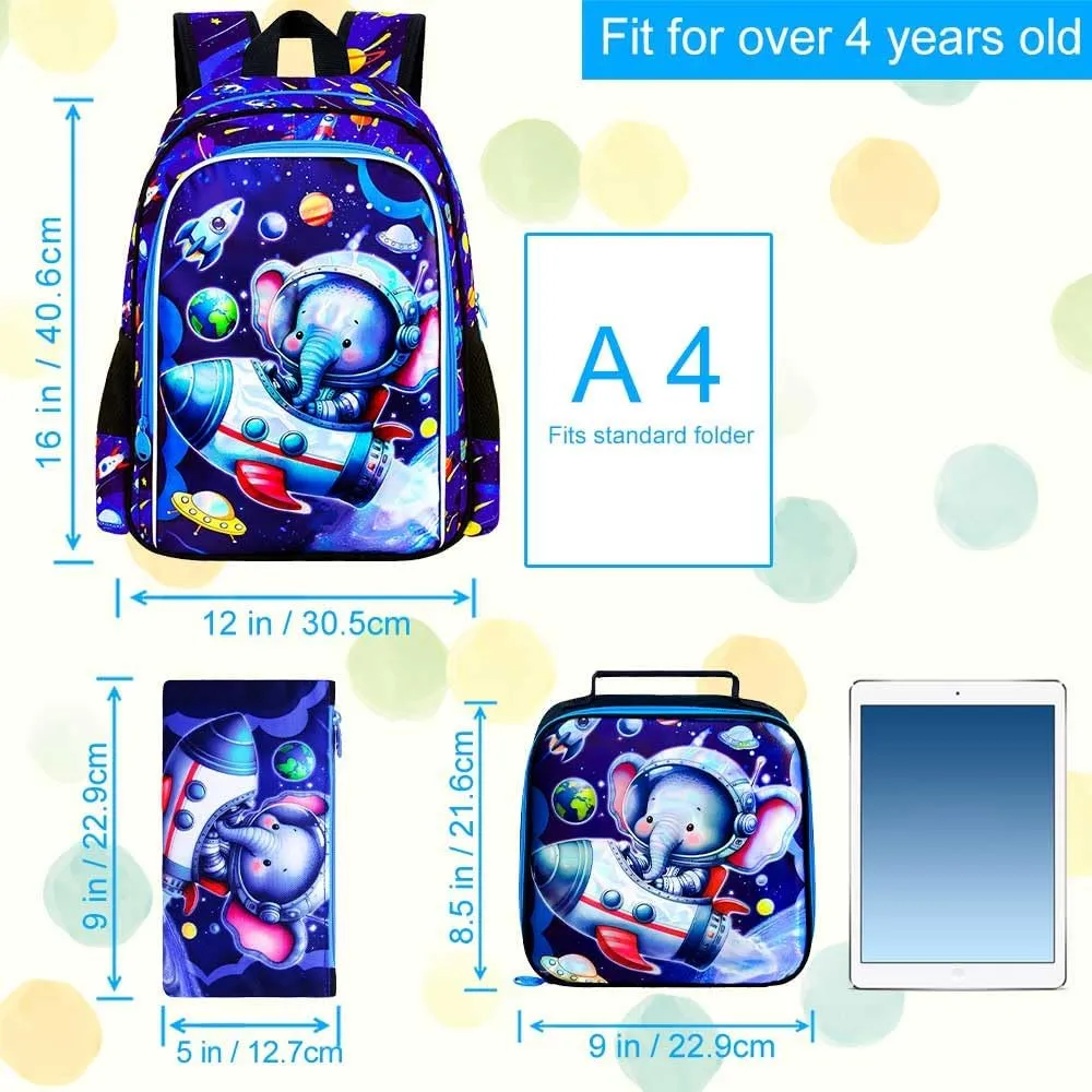KLFVB 3PCS Boys Elephant Backpack, Water Resistant Kids Space Bookbag with Lunch Box, 16" Preschool Backpacks for Elementary - Rocket Elephant
