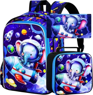 KLFVB 3PCS Boys Elephant Backpack, Water Resistant Kids Space Bookbag with Lunch Box, 16" Preschool Backpacks for Elementary - Rocket Elephant
