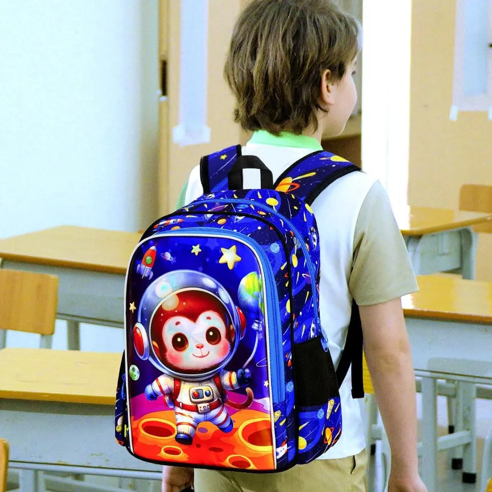 KLFVB 3PCS Boys Monkey Bookbag, Water Resistant Kids Space Backpack with Lunch Box, 16" Preschool Backpacks for Elementary - Rocket Monkey