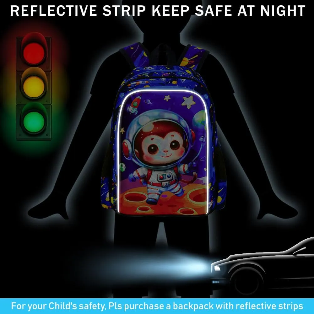 KLFVB 3PCS Boys Monkey Bookbag, Water Resistant Kids Space Backpack with Lunch Box, 16" Preschool Backpacks for Elementary - Rocket Monkey