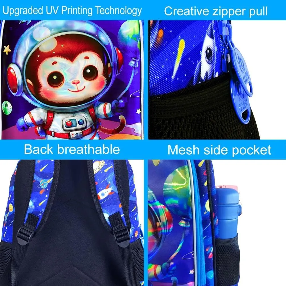 KLFVB 3PCS Boys Monkey Bookbag, Water Resistant Kids Space Backpack with Lunch Box, 16" Preschool Backpacks for Elementary - Rocket Monkey