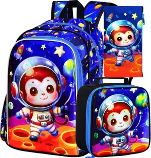 KLFVB 3PCS Boys Monkey Bookbag, Water Resistant Kids Space Backpack with Lunch Box, 16" Preschool Backpacks for Elementary - Rocket Monkey