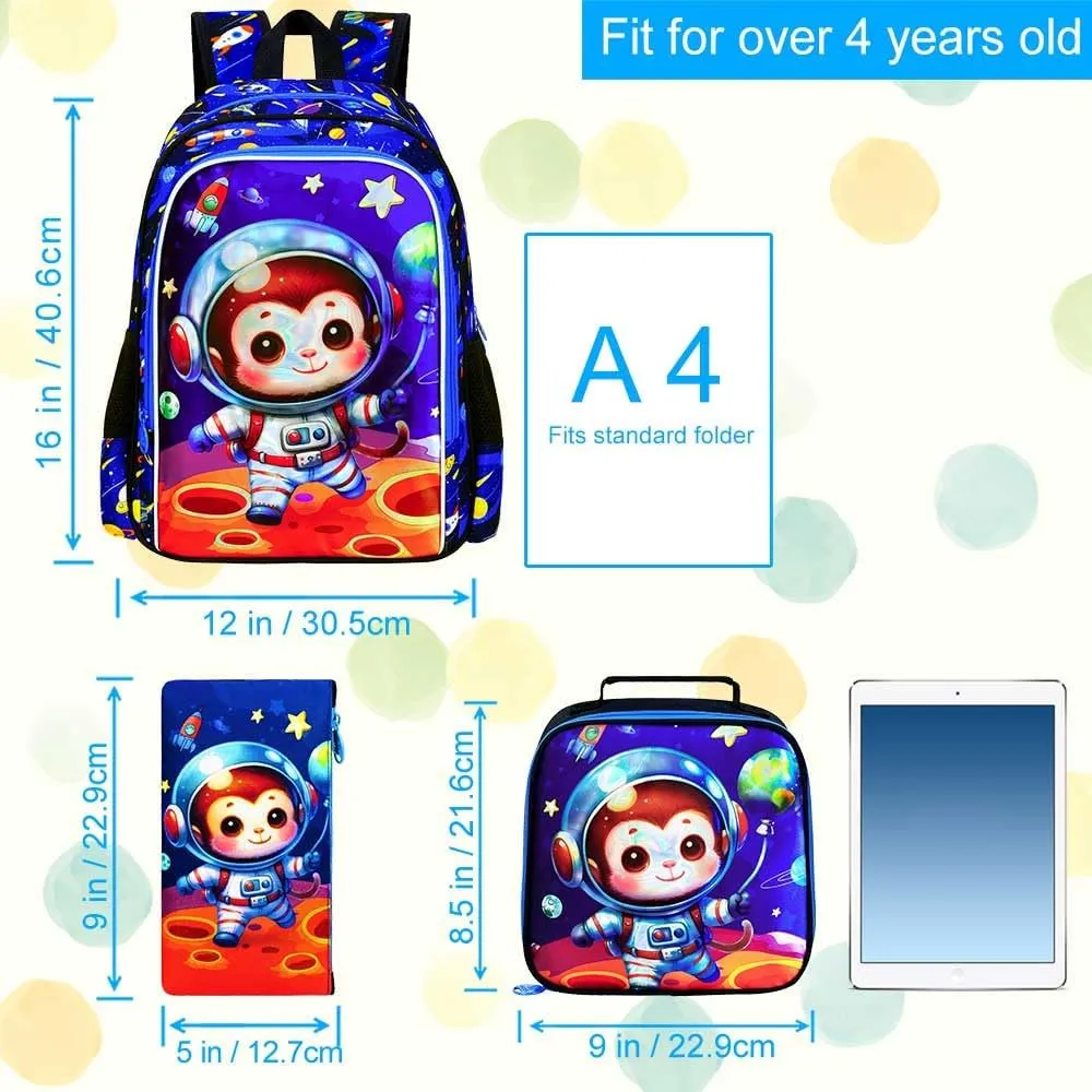 KLFVB 3PCS Boys Monkey Bookbag, Water Resistant Kids Space Backpack with Lunch Box, 16" Preschool Backpacks for Elementary - Rocket Monkey