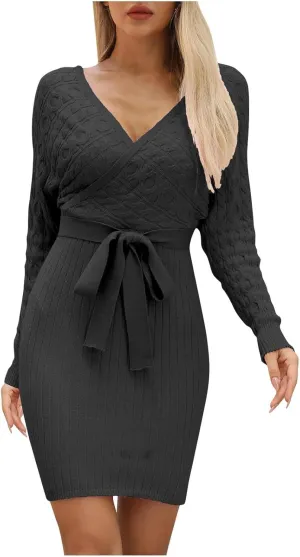 Knit Dresses for Women,Sexy Trendy Womens Spring Dresses Long Sleeve Mini Dress Elegant for Evening Date Wedding