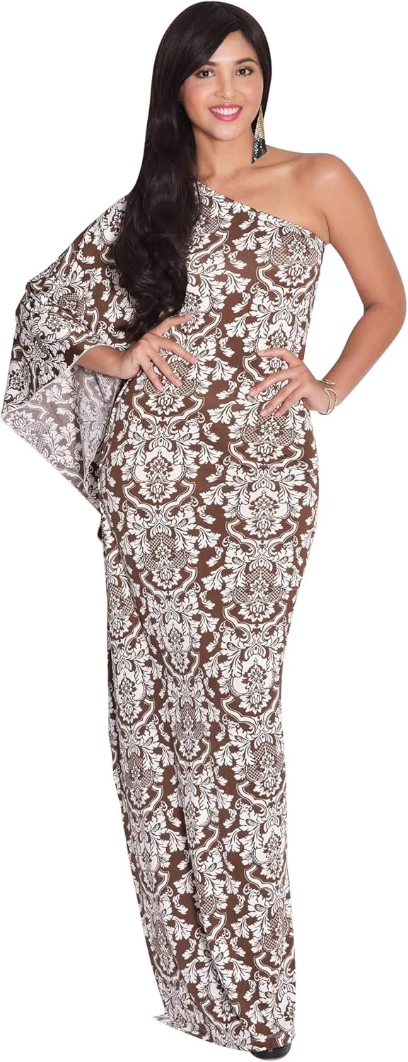 KOH KOH Womens Long One Shoulder Hawaiian Flower Print Summer Cocktail Maxi Dress Gown